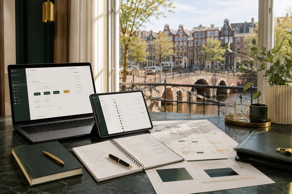 Illustrative service design mockup with Amsterdam in the background