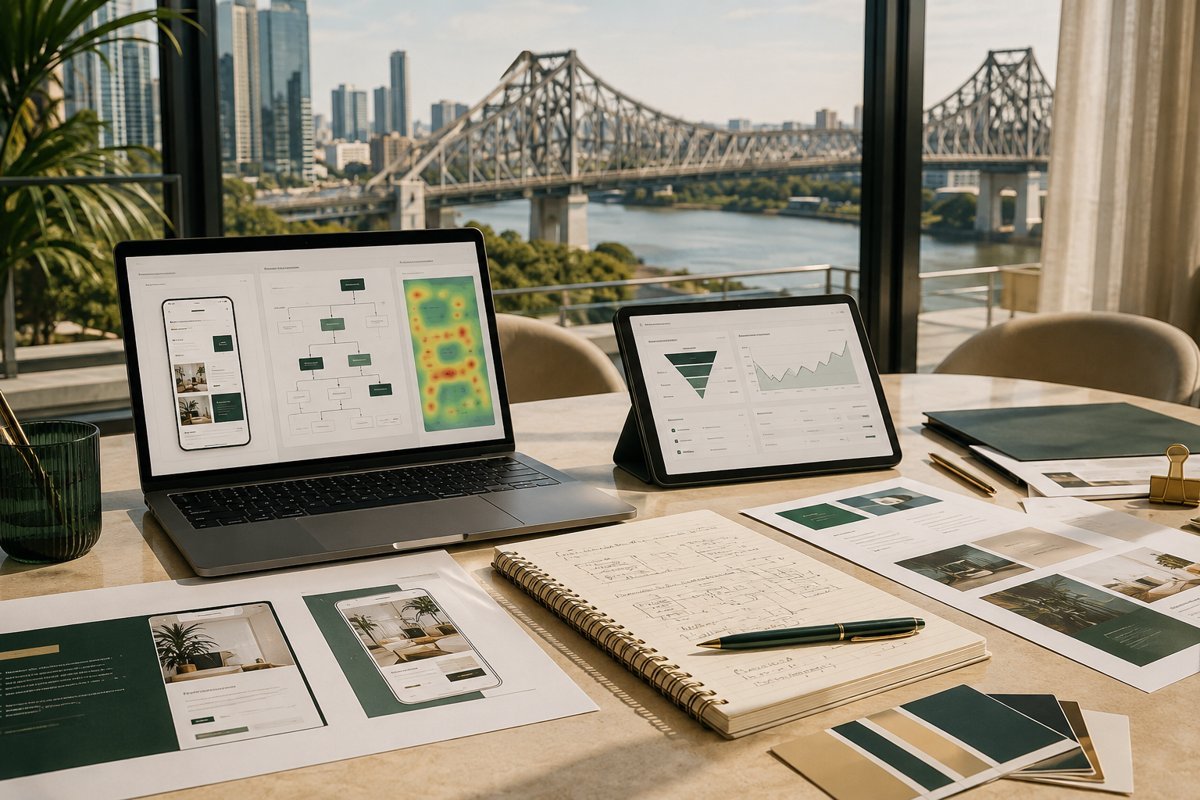 Illustrative service design mockup with Brisbane in the background