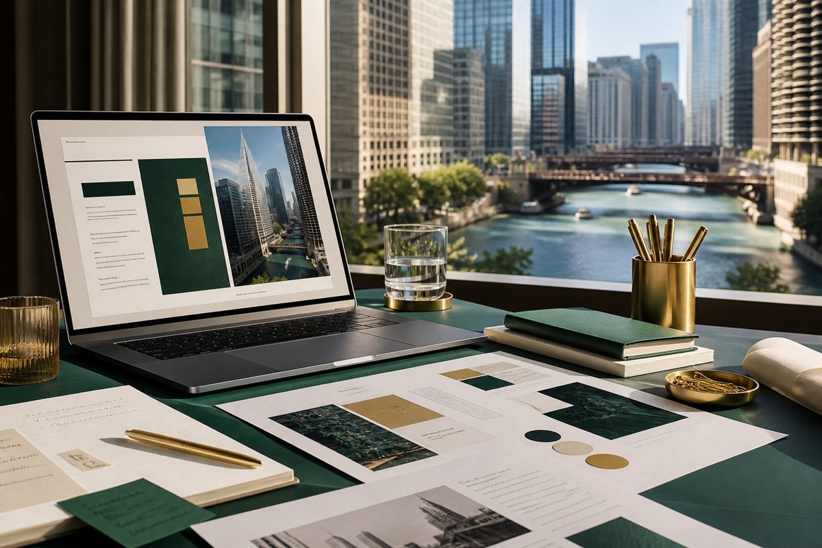 Illustrative service design mockup with Chicago in the background