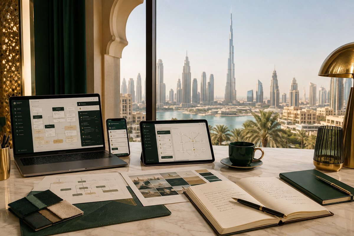 Illustrative service design mockup with Dubai in the background