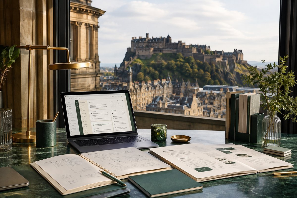 Illustrative service design mockup with Edinburgh in the background