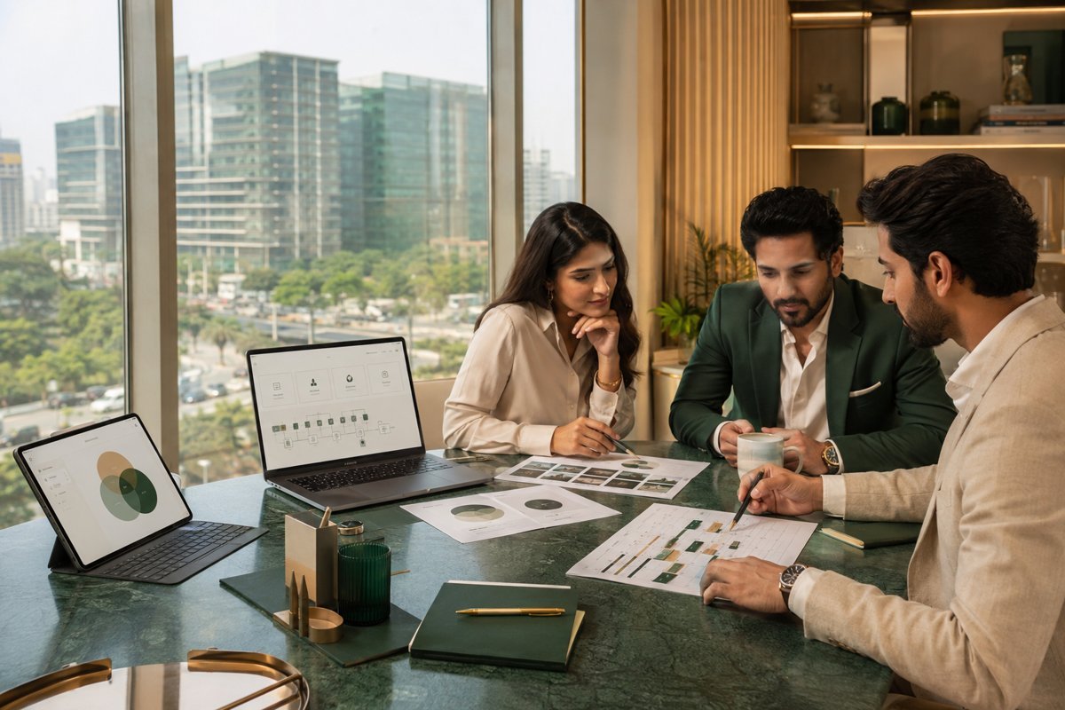 Illustrative service design mockup with Gurugram in the background