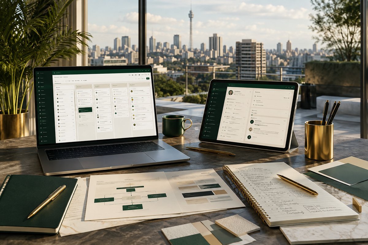 Illustrative service design mockup with Johannesburg in the background