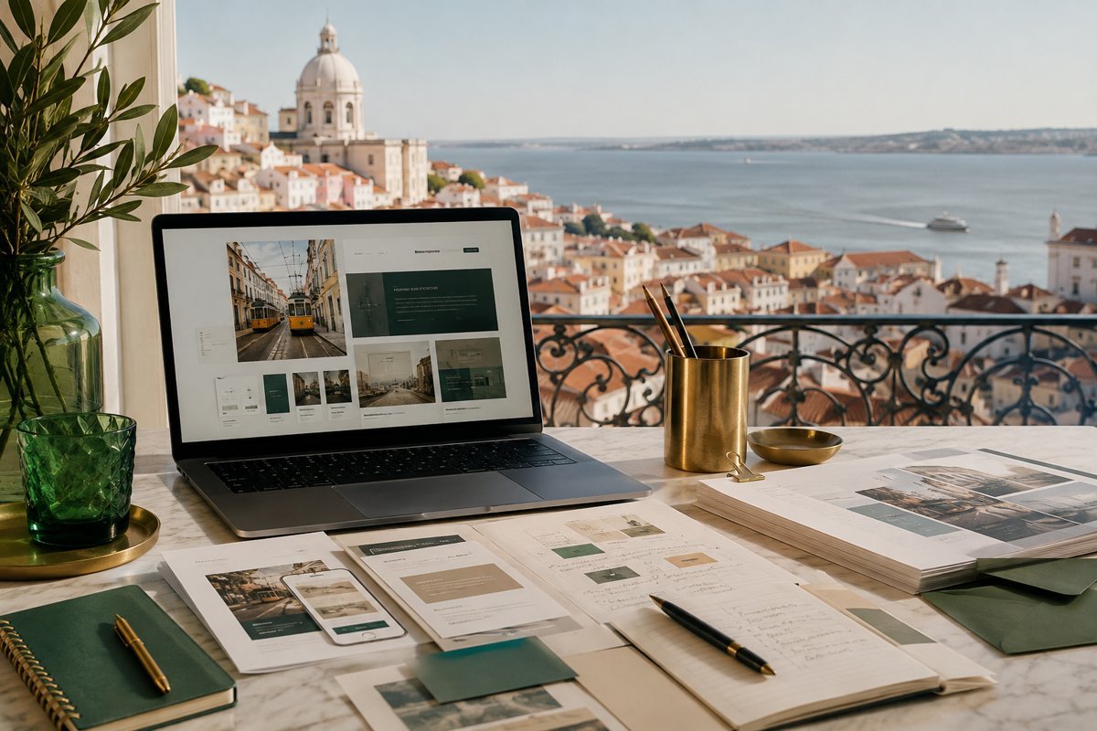 Illustrative service design mockup with Lisbon in the background