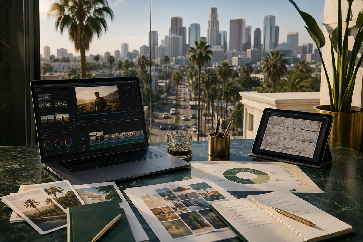 Illustrative service design mockup with Los Angeles in the background