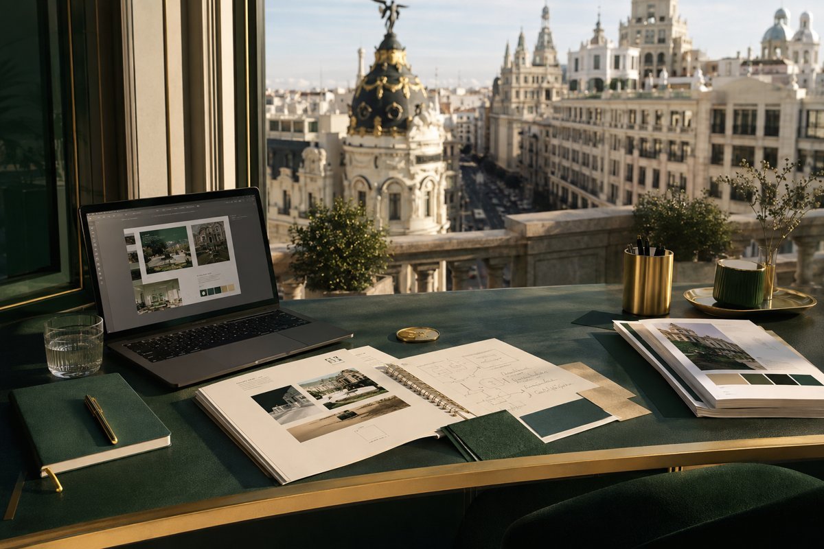 Illustrative service design mockup with Madrid in the background