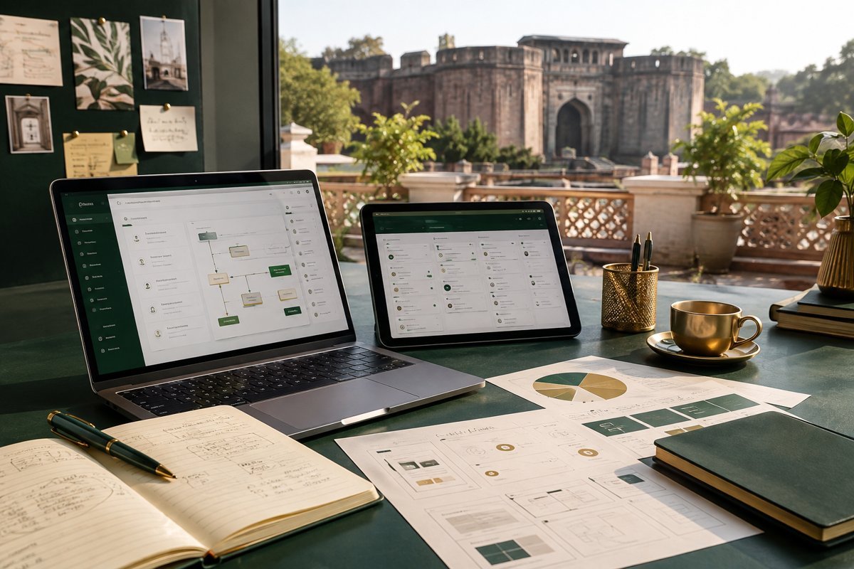 Illustrative service design mockup with Pune in the background