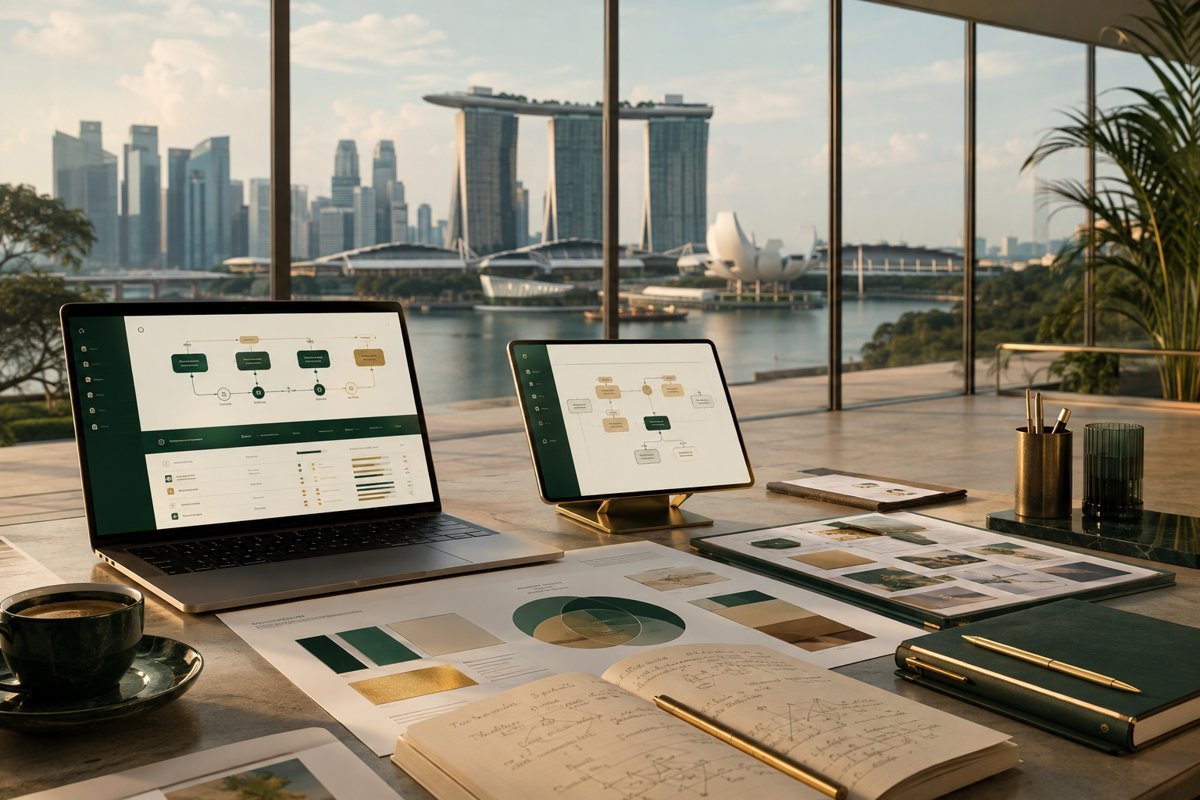 Illustrative service design mockup with Singapore in the background