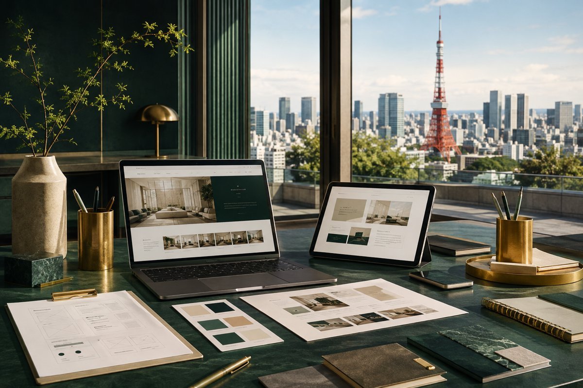 Illustrative service design mockup with Tokyo in the background