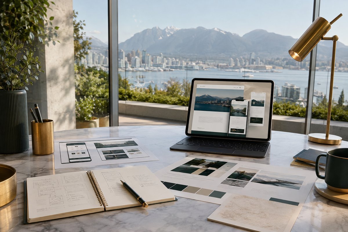 Illustrative service design mockup with Vancouver in the background