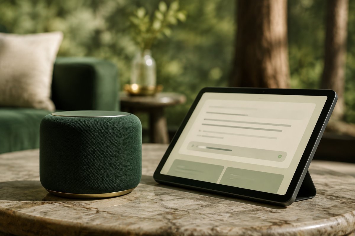 Smart speaker beside a focused answer interface with a source link