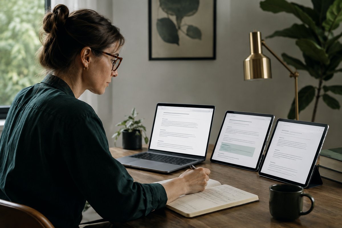 Researcher comparing question responses across AI search screens