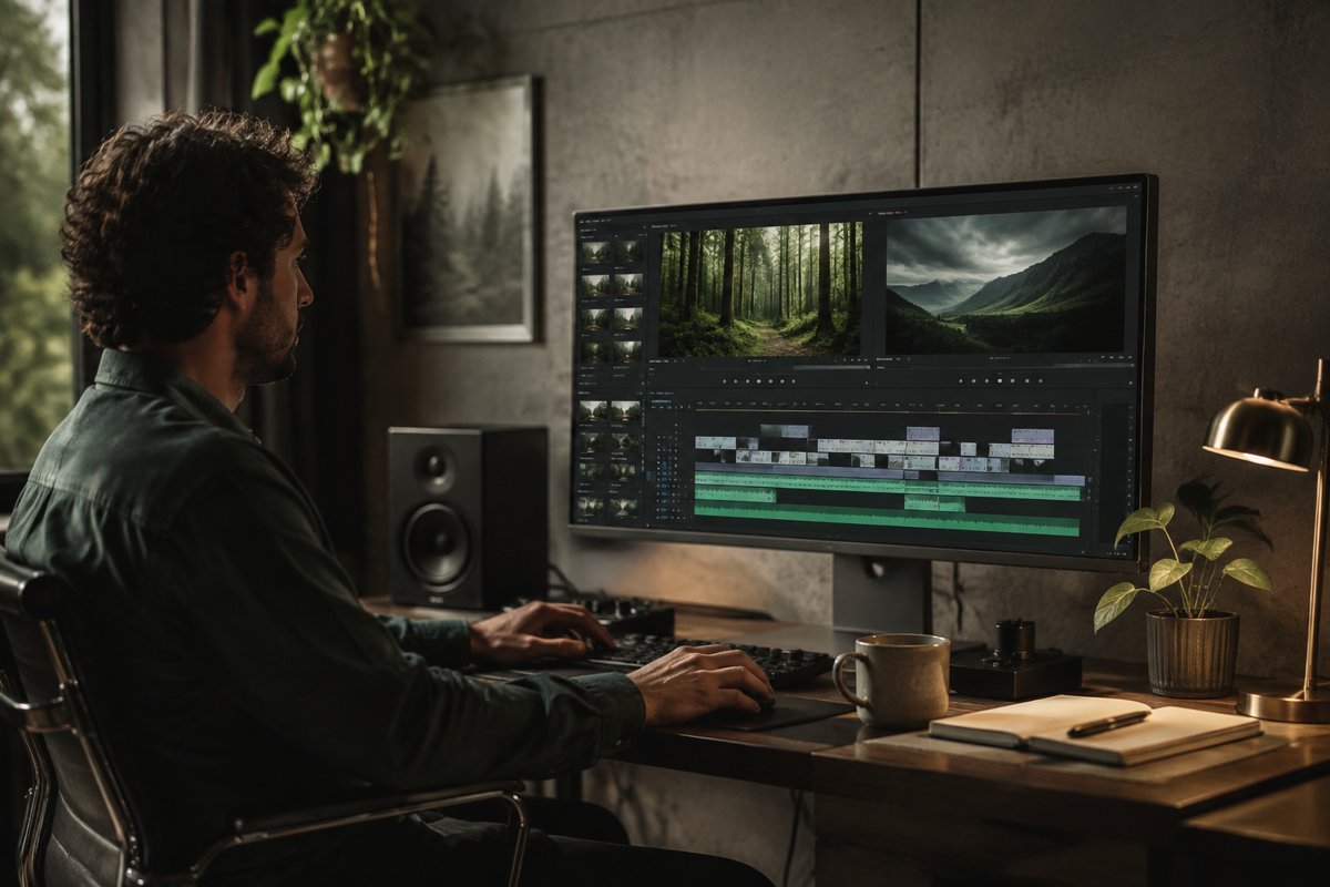 Video editor combining generated scenes in a timeline with sound tracks