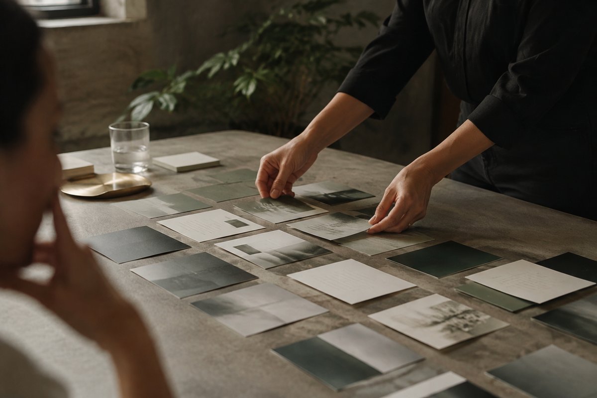 Strategy workshop arranging audience and positioning cards