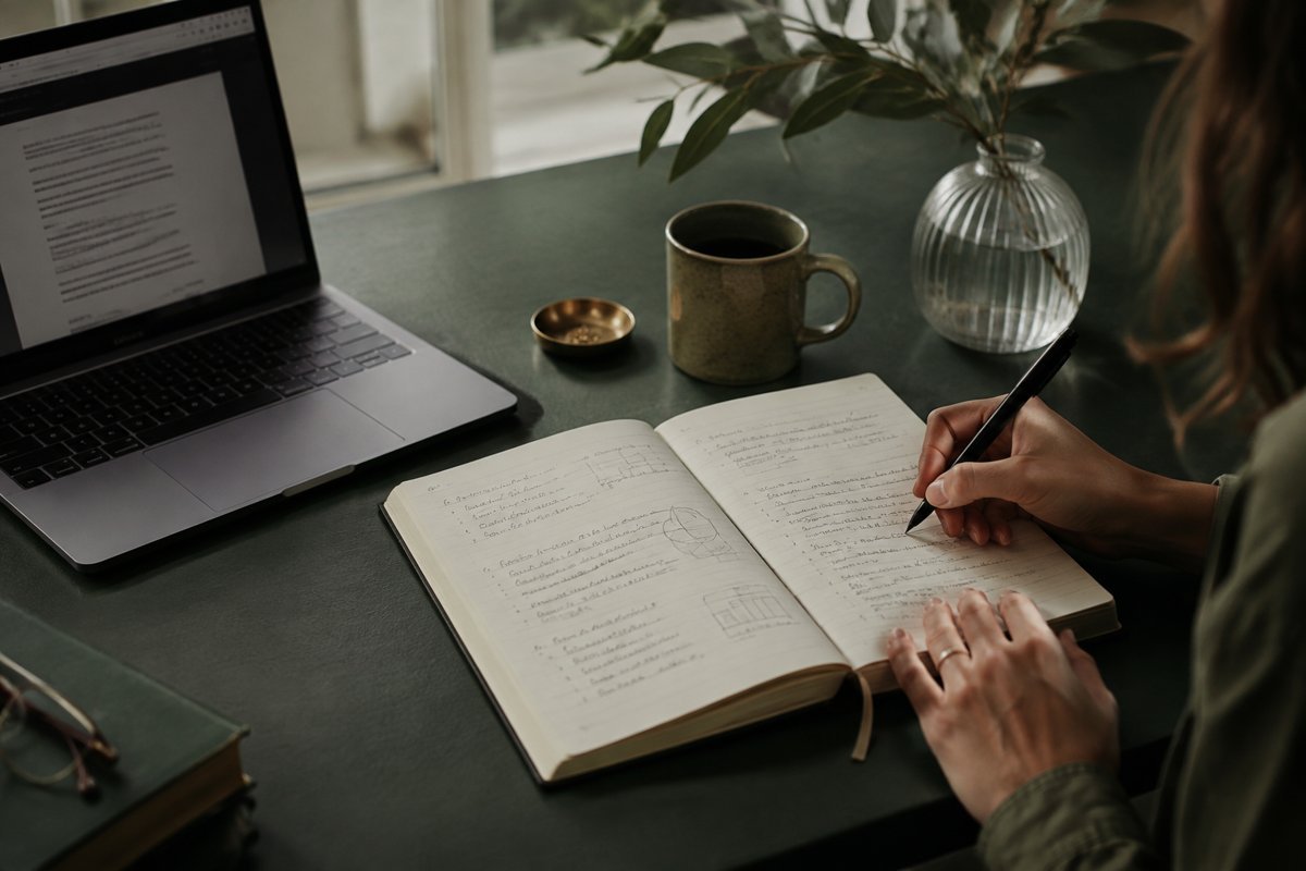 Editorial outline and handwritten audience research notebook
