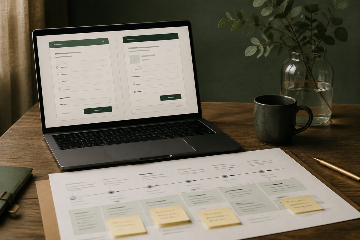 Two contrasting checkout wireframes and annotated journey map