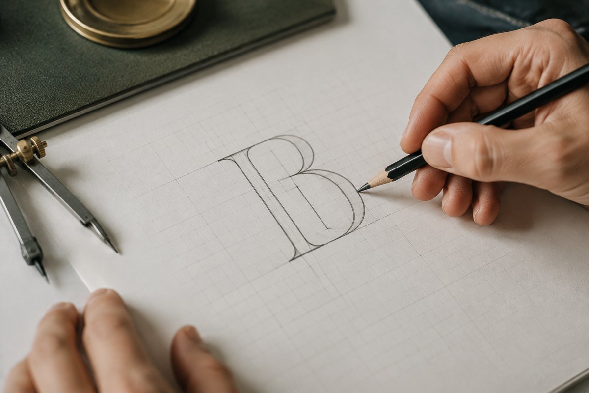 Hands refining a single monogram on a fine grid, macro pencil and compass detail
