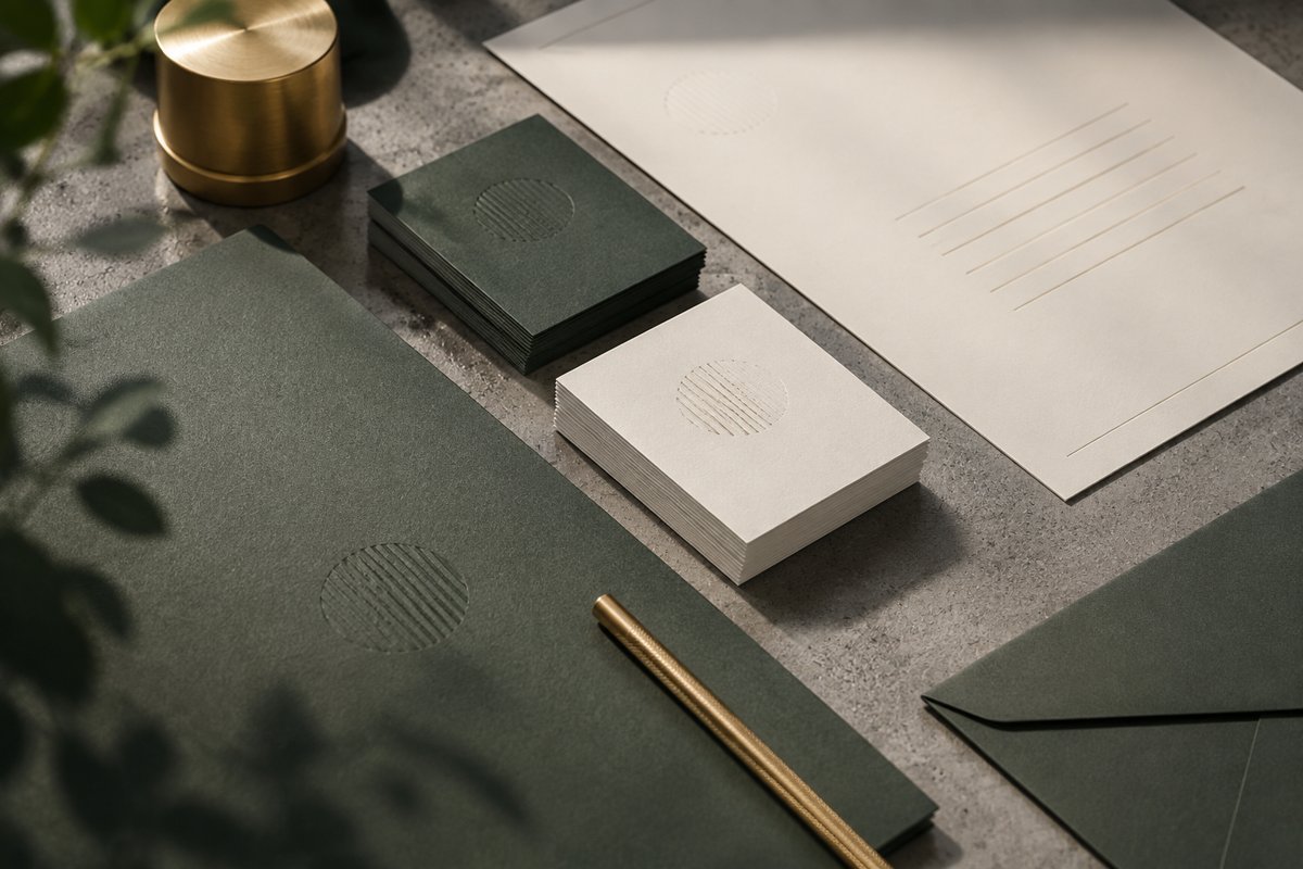 Identity stationery suite with business cards, letterhead and embossed mark