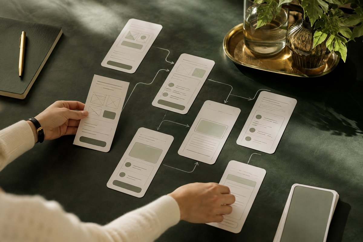 App interaction wireframes arranged into a user flow