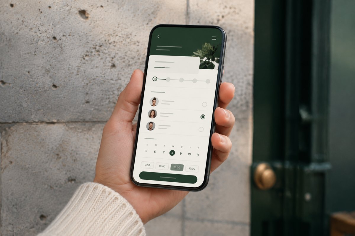 Hand holding phone with polished appointment booking app