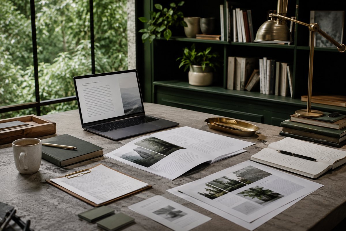 Editorial research desk with publication layouts and outreach notes