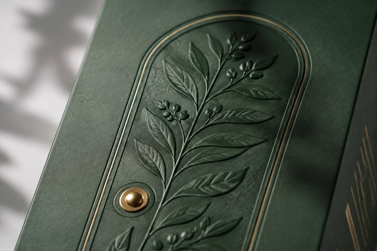Macro detail of tactile embossed label on a premium green carton