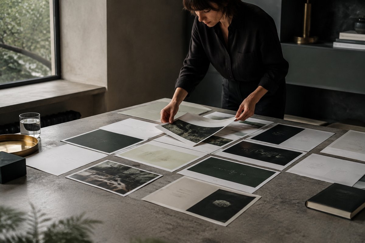 Designer arranging a narrative sequence of printed slides