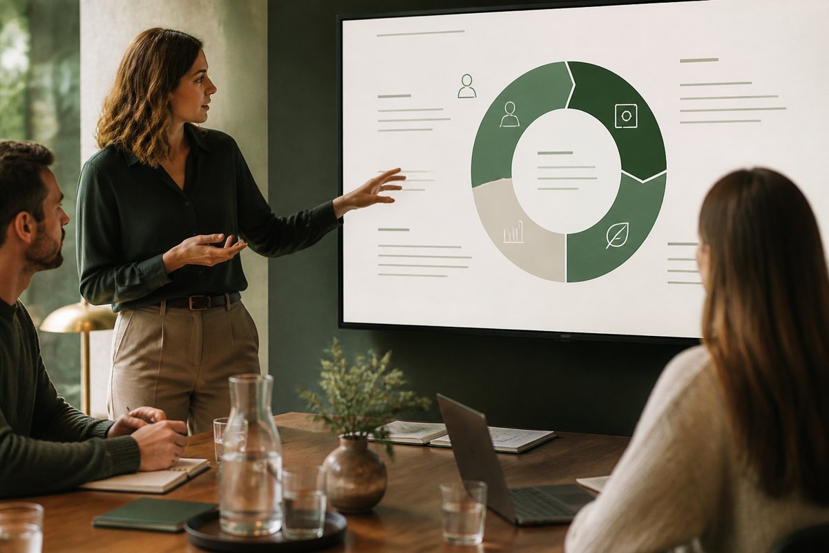 Close-up slide showing one elegant visual business model in a meeting
