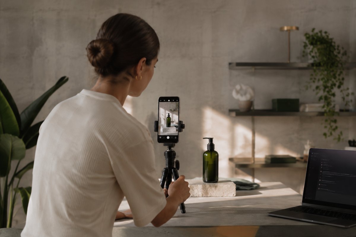 Small studio filming vertical product content with a phone