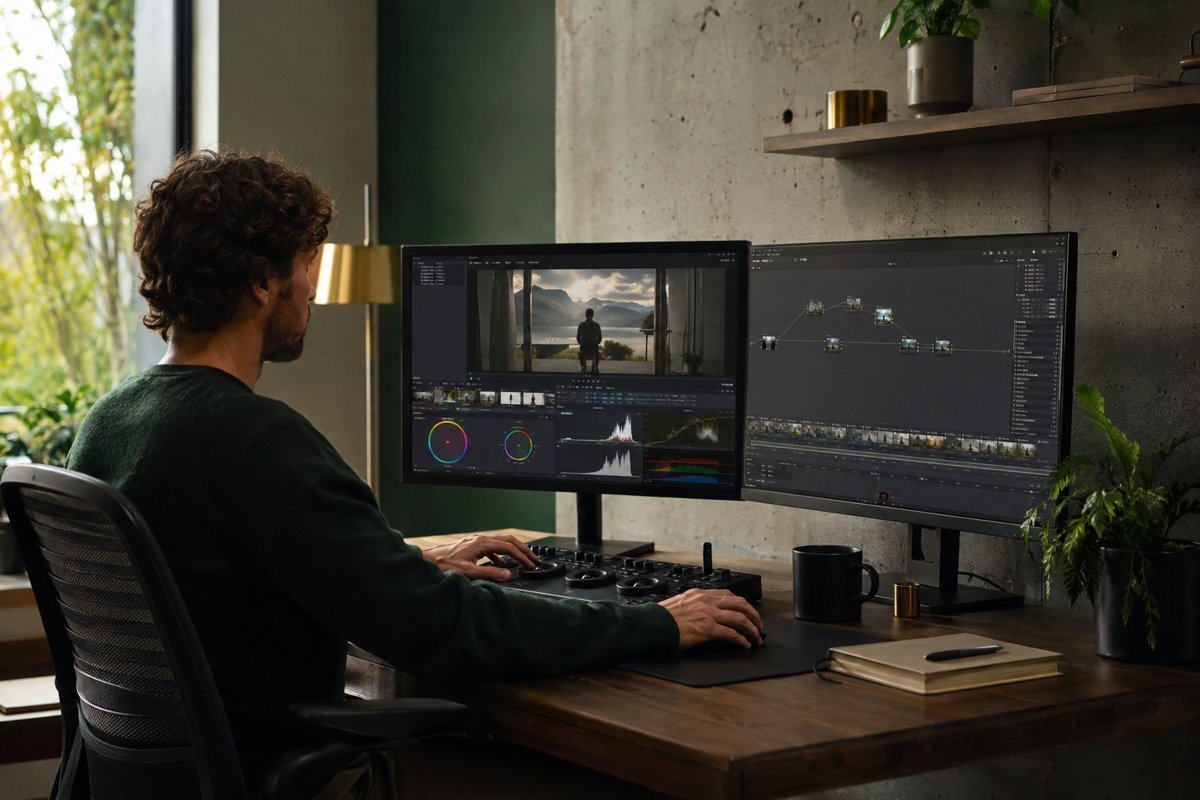 Editor colour grading cinematic footage on dual monitors