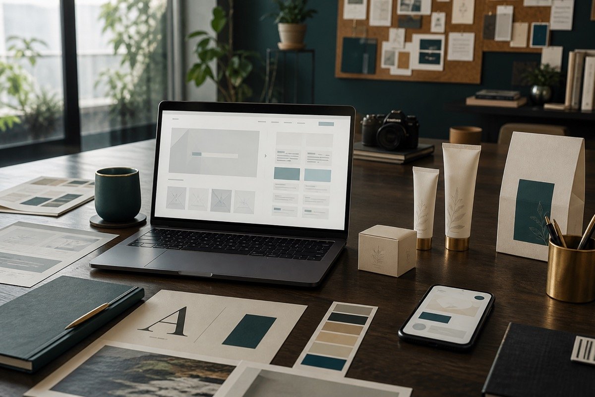 Branding, packaging and digital design workspace
